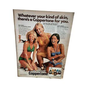 1975 Coppertone Suntan Lotion Ad Bikini Beach Models Vintage Print